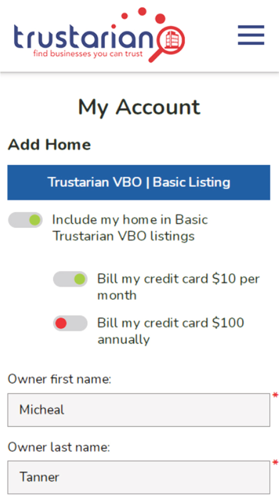 My account Trustarian cell phone page